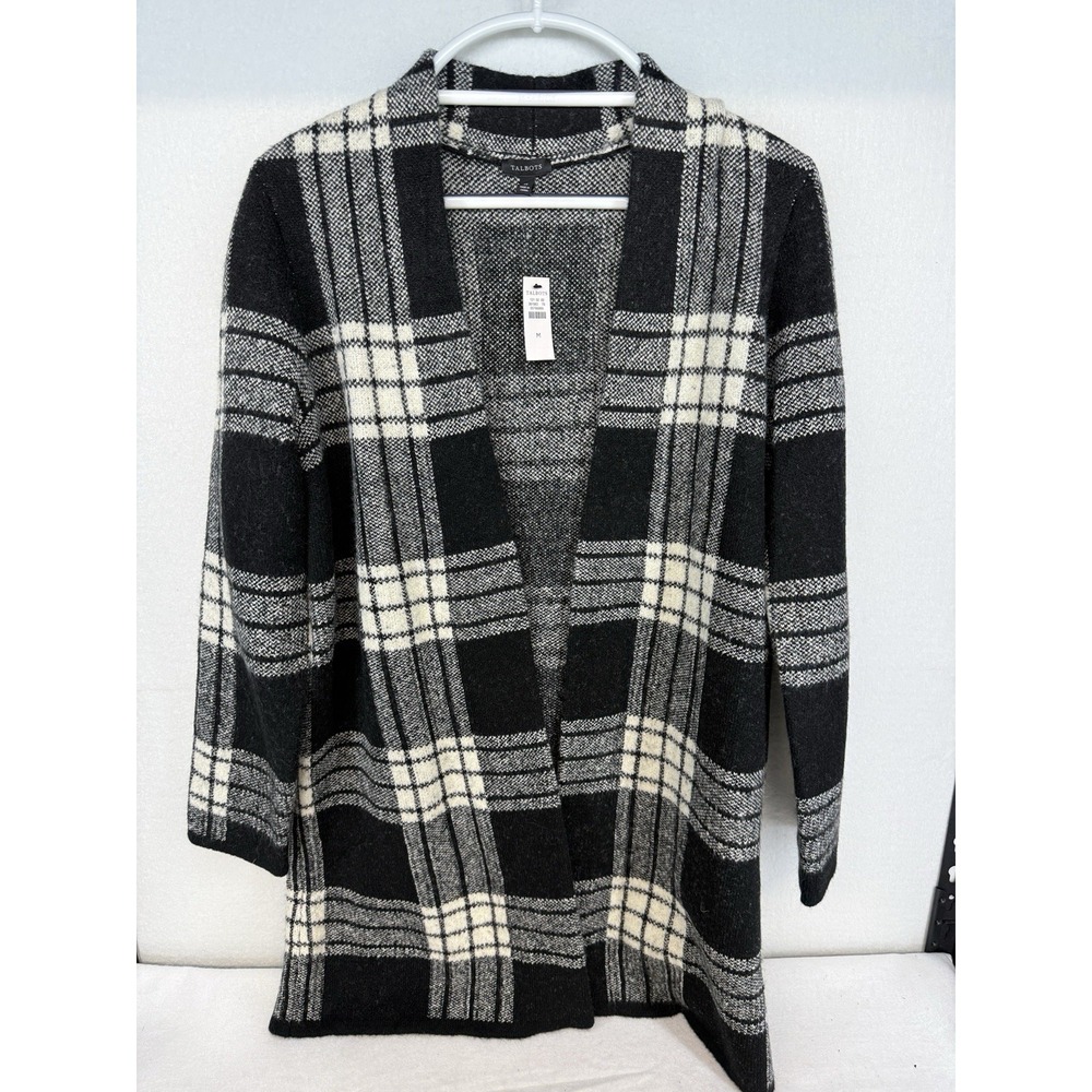NWT Talbots Black & White Plaid Open Cardigan‎ Sweater Size Medium